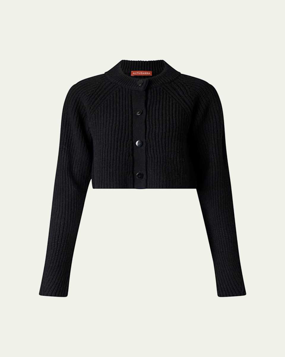 Drew Ribbed Wool Cashmere Cropped Cardigan Sweater